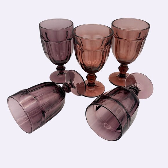 Vintage Amethyst Purple Wine Goblets | Set of 5 | Mid Century Pressed Glass - Picture 2 of 13